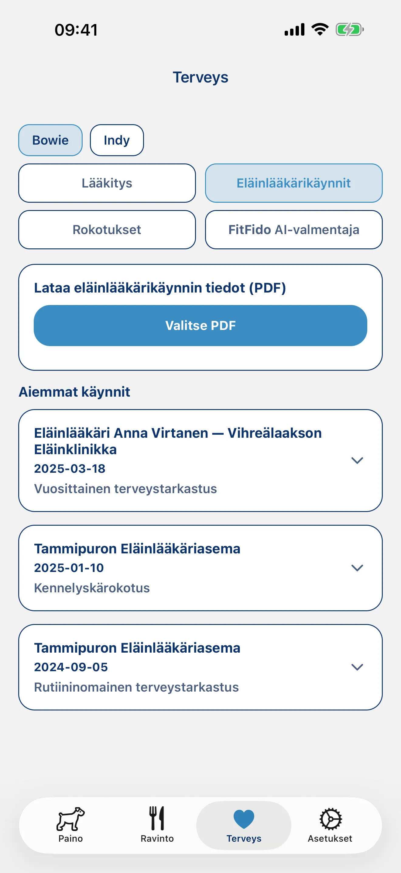 Lääkkeet, rokotukset, eläinlääkäritiedot. Hoidettu.
